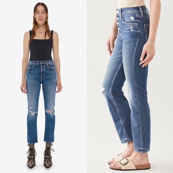 MOTHER SUPERIOR 90s High Rise Distressed Button Fly Ankle Crop Straight Jeans 26 - Picture 6 of 14